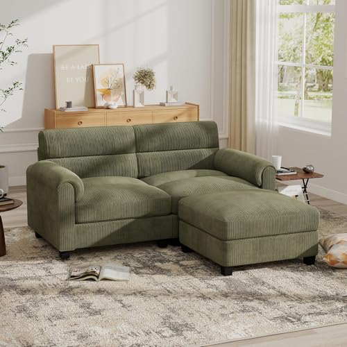 Bonzy Home Loveseat Sofa for Living Room, Comfy Corduroy Loveseat Couch with Movable Ottoman and Rolled Arms, Modern Small Couches for Bedroom, Small Spaces, Apartment, Office, Green - color: Green, size: 2+0