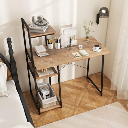 Tangkula Computer Desk with Shelves, Space Saving Home Office Desk with 3-Tier Ladder Shaped Storage Bookshelf, Modern Writing Study Desk with Metal Frame, Compact Computer Workstation (Natural) - color: Natural