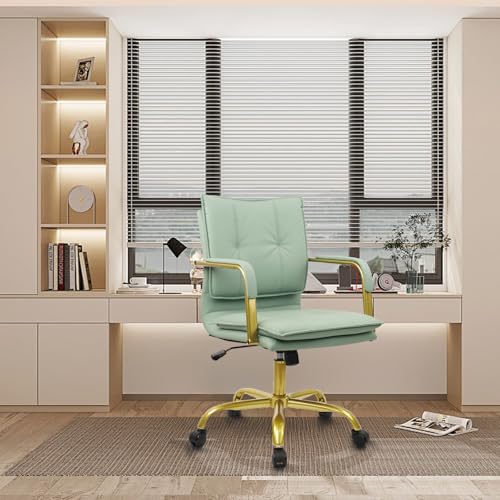 CLATINA Leather Home Office Desk Chairs, Swivel Mid-Back Computer Chair with Golden Legs and Arms, Comfy Upholstered Task Chair with Wheels, Green - color: Green