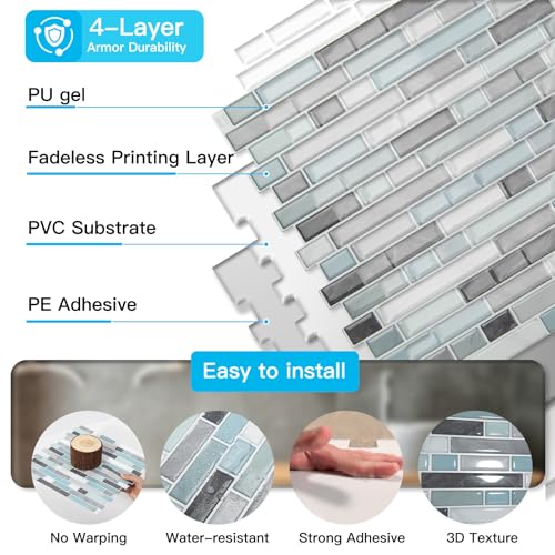 Art3d 10-Sheet Heavy-Duty Peel and Stick Backsplash, Waterproof Wall Tiles Stick on Kitchen Backsplash Living Space, Gray & Blue (Pack of 4) - color: Gray & Blue, size: 12 x 12 Inch (Pack of 4)