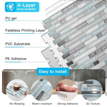 Art3d 10-Sheet Heavy-Duty Peel and Stick Backsplash, Waterproof Wall Tiles Stick on Kitchen Backsplash Living Space, Gray & Blue (Pack of 4) - color: Gray & Blue, size: 12 x 12 Inch (Pack of 4)
