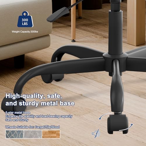 Misolant Vanity Chair with back, Small Armless Cute office Chair with wheels and Lumbar support, Comfy PU Leather Desk Computer Chairs with Adjustable Height, 360°Swivel for Home Bedroom Office, Black - color: Black