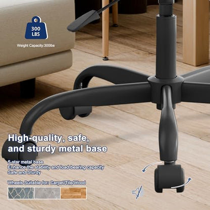 Misolant Vanity Chair with back, Small Armless Cute office Chair with wheels and Lumbar support, Comfy PU Leather Desk Computer Chairs with Adjustable Height, 360°Swivel for Home Bedroom Office, Black - color: Black
