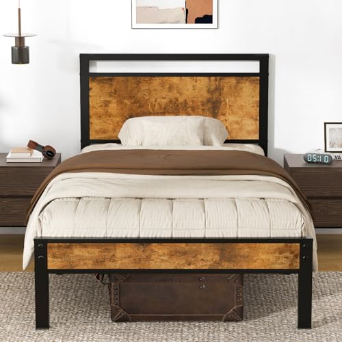 Z-hom Upgraded Twin Bed Frames, Heavy Duty Metal Sturdy Bed Frame Twin Size with Modern Wood Headboard & Footboard, Stable Platform Bed Furniture Bed Storage, No Noise, No Box Springs, Vintage Brown | Metal Platform Bed Frame with Underbed Storage Space,N