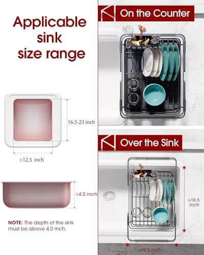Sakugi Extendable Dish Drying Rack Over Sink with Dish Drainer, Sink Organization and Storage Essentials with Silverware & Utensil Holder, Home and Apartment Decor, 12" W x 16.1~23" L, Gray - color: Gray, size: EXtendable - 12"W X 16.1~23"L