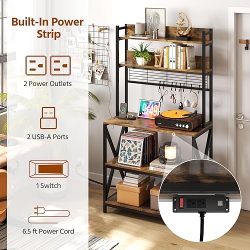 Yaheetech 5-Tier Bakers Rack with Power Outlet & LED Lights,Rustic Brown | 64 Inches Tall Microwave Oven Stand with Storage for Spices,Pots,Engineered Wood and Metal shelves,Coffee Bar Table - color: Rustic Brown