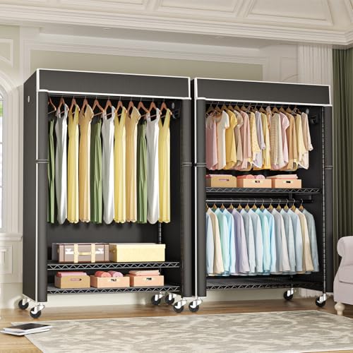 Black Clothing Rack with Black Cover, P1C Plus Rolling Closet | Metal Garment Rack with Wheels for Hanging Clothes, Portable Clothing Storage Wardrobe - color: Black Rack with Black Cover