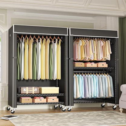 Black Clothing Rack with Black Cover, P1C Plus Rolling Closet | Metal Garment Rack with Wheels for Hanging Clothes, Portable Clothing Storage Wardrobe - color: Black Rack with Black Cover