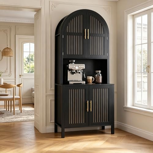 76" Tall Arched Kitchen Pantry, Large Kitchen Storage Cabinet with Fluted Doors and Microwave Stand, Modern Wood Buffet Sideboard, Adjustable Shelves, Cupboard for Dining Room, Living Room, Black - color: Black