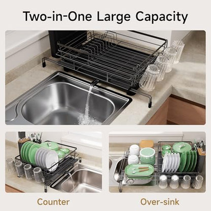 Runnatal Dish Drying Rack - Expandable Large Dish Rack Over Sink | Drying Dish Drainer for Kitchen Counter, Stainless Steel Dish Strainer with Utensil Holder & Cup Holder, Black - color: Black
