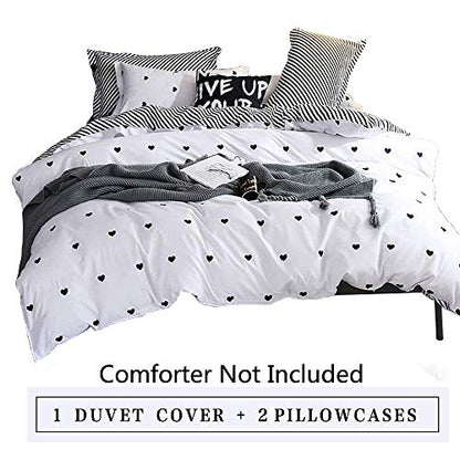 Omelas Kids Heart Love Twin Duvet Cover Set Black and White Teens Girls Lovely Heart-Shaped Pattern Striped Reversible Bedding Soft Breathable Quality Brushed Microfiber (3 Pcs,XD,T) - color: X-white, size: Twin(No Comforter)