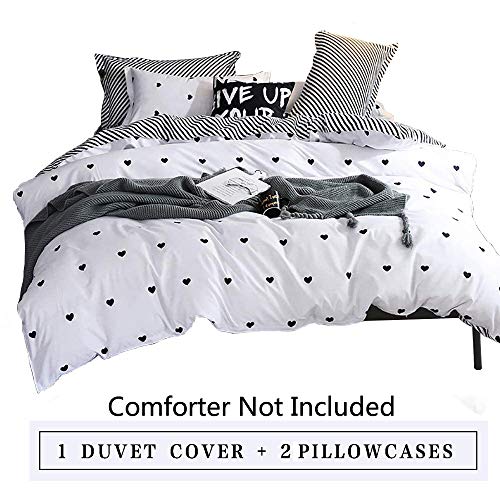 Omelas Kids Heart Love Queen Duvet Cover Set Black and White Teens Girls Lovely Heart-Shaped Pattern Striped Reversible Full/Queen Bedding Soft Breathable Quality Brushed Microfiber (3 Pcs,XD,Q) - color: X-white, size: Queen(No Comforter)