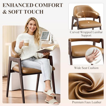MALOL Wooden Dining Chairs Set of 4, Faux Leather, Curved Open Back, Brown - color: Brown, size: Set of 4
