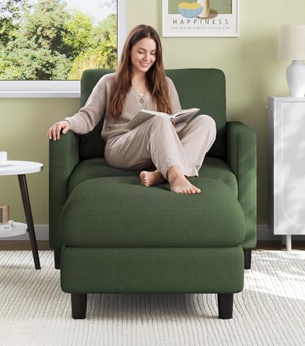 Welzona Sofa Accent Chair with Ottoman, 33" Teddy Reading Chair and Ottoman | Comfy Teddy Fabric, Tool-free Setup, Washable Covers, All-wood Chair and Ottoman Sets for Living Room, Bedroom, Green - color: Green, size: standard & ottoman