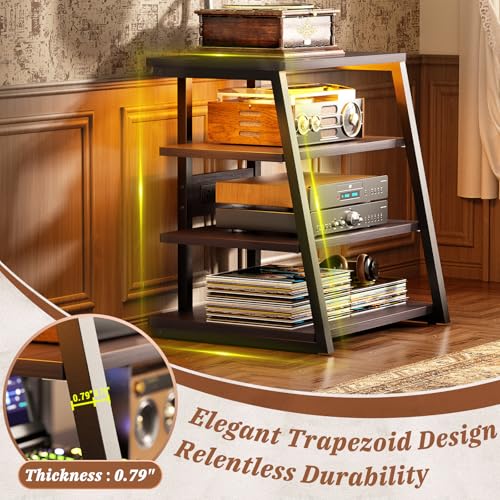 4-Tier AV Media Stand with Power Strips, Stereo Stand with LED Lights, Rack Audio Tower with Adjustable Shelves, Small Entertainment Center, 30'', Black Ebony | Corner Shelf Stand with Power Strip & LED Lights, Audio Tower HIFI Rack Stereo Shelf CRT TV St