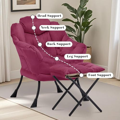 Lazy Chair with Ottoman, Comfy Reading Chair, Burgundy | Cushioned Seat with Foldable Ottoman and Side Pocket, Lounge Chair for Bedroom, Living Room, Dorm and Small Spaces - color: Burgundy