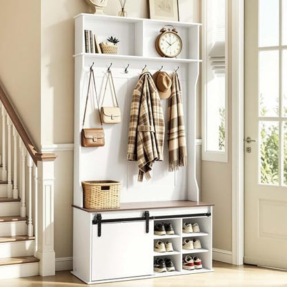 VEVOR Hall Tree with Bench and Shoe Storage, 42" Wide, Entryway Hall Tree with Bench, Hanging Hooks, Storage Shelves, Adjustable Shoe Shelves, Wooden Furniture for Mudroom, Entryway, Hallway, White - size: 41.7 x 15.7 x 78.7 in