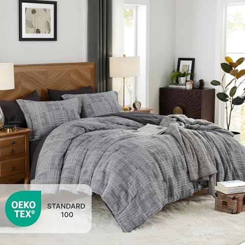 MaiRêve King Comforter Set Crinkle Textured Charcoal Grey Bedding 7 Pieces | All Season Bed in a Bag for Men with Comforter, Sheets, Pillowcases & Shams - color: Charcoal Grey, size: King