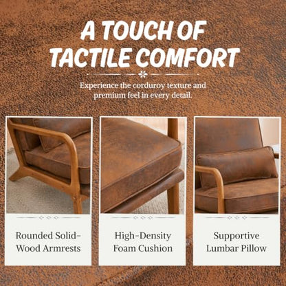 Karl home Mid-Century Modern Accent Reading Chair, Brown | Bronzing Upholstered, Solid Wood Frame, Soft Cushion, Lumbar Pillow, Lounge Armchair for Living Room, Bedroom, Balcony, Study - color: Bronzing Brown