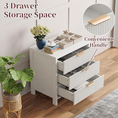 Fluted Nightstand, 23.7'' Wide Night Stand with 3 Drawers, Mid-Century Modern Bedside Table with Handles, Wood End Table for Bedroom, White - color: White