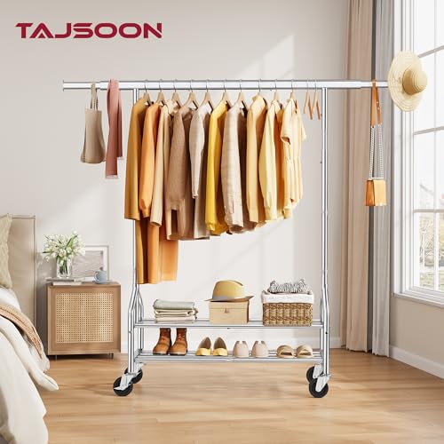 Clothes Rack with 2 Shelves, Heavy Duty Load 350 LBS, Chrome | Rolling Clothing Rack, Adjustable Length and Height, Garment Rack with Wheels for Bedroom, Student Dormitory and Laundry Room - color: Chrome