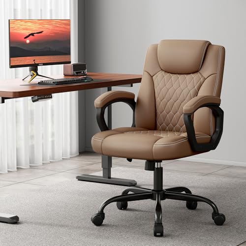 Misolant Office Chair, Executive Desk Chair, PU Leather Comfortable Ergonomic Chairs with Fixed Armrest, Adjustable Height, Rocking Function, 360° Swivel Wheels, Brown - color: Brown