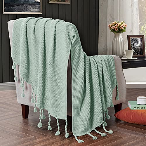 RUDONG M Knitted Throw Blanket with Fringe, Sage Green Knit Throw Blanket for Couch Bed Sofa 50 x 60 Inch - color: Sage Green, size: Throw(50" x 60")