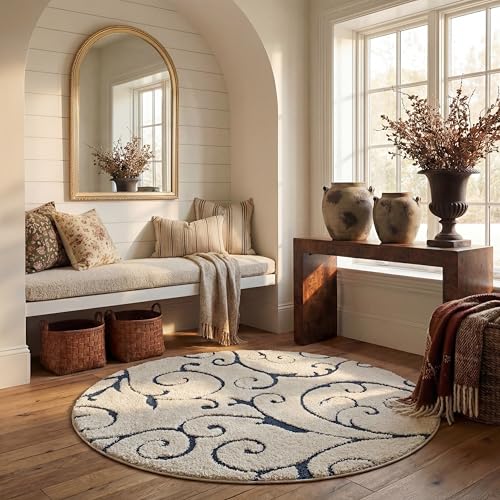 SAFAVIEH Florida Shag Collection Area Rug - 5' Round, Cream & Blue, Scroll Design, Non-Shedding & Easy to Clean, High-Low Plush Pile, Ideal for Living Room, Bedroom, Dining Space (SG455-1165) - color: Cream/Blue, size: 5' (Round)