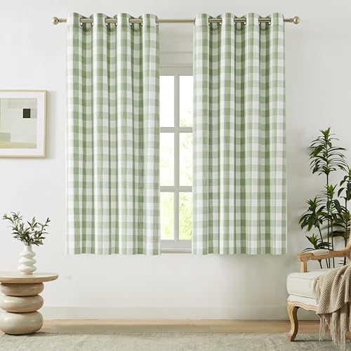 Amzdecor Buffalo Plaid Grommet Curtains 63 Inch Length, Semi-Sheer Check Textured Curtains Drapery for Living Room Bedroom Farmhouse,2 Panels （52" x 63",Sage Green & White） - color: Green/White, size: 52"W x 63"L (Pack of 2)