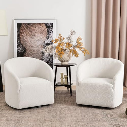 KINWELL 32" Wide Modern Boucle Swivel Barrel Chairs Set of 2, No Assembly Round Upholstered Swivel Accent Armchairs for Living Room, Bedroom (White) - color: White, style: Set of 2