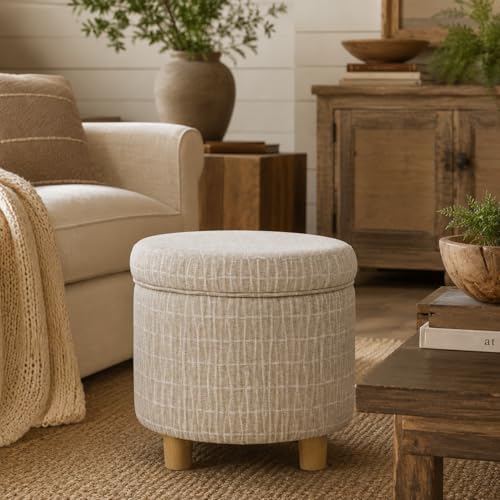 HomePop 19" Round Storage Ottoman - Tan Geometric Pattern - color: Tan Geometric Pattern