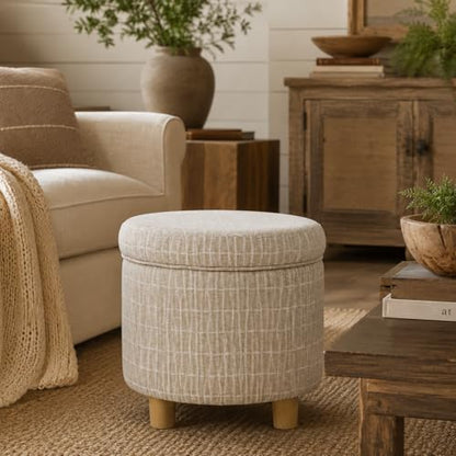HomePop 19" Round Storage Ottoman - Tan Geometric Pattern - color: Tan Geometric Pattern