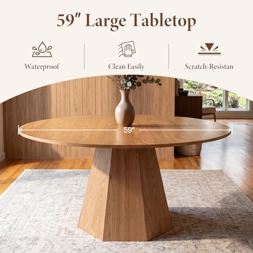 59'' Round Dining Table for 4-6, Modern Pedestal Kitchen Table Circle Wood Natural Grain Finish Grain Tabletop Dinner Table Kitchen Table, Natural Wood - color: Natural Wood, 59” Round