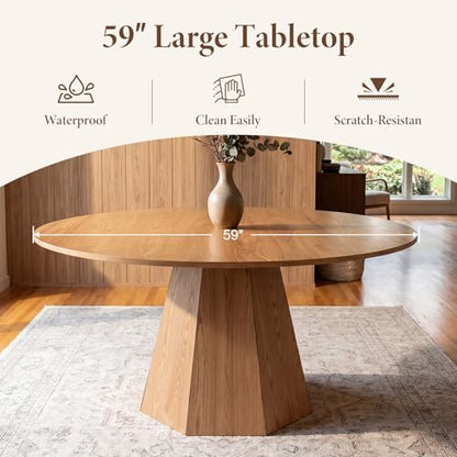 59'' Round Dining Table for 4-6, Modern Pedestal Kitchen Table Circle Wood Natural Grain Finish Grain Tabletop Dinner Table Kitchen Table, Natural Wood - color: Natural Wood, 59” Round