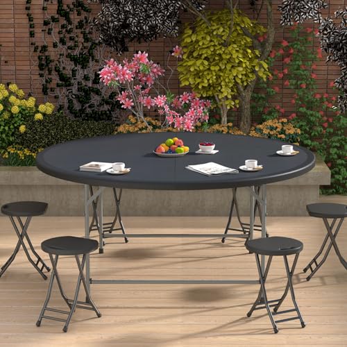 5.5ft Round Folding Table with Carry Handle, 66 Inch, Black | Portable, Heavy Duty, Plastic, Utility Table, Steel Legs, Party, Dining, Wedding, Camping, Picnic, Indoor, Outdoor Event - color: Black, size: 66" Diameter