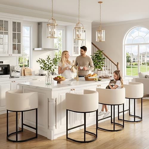 HNY Modern Counter Height Bar Stools Set of 2, 24" Linen Counter Stools with 8.5" Extra Tall Barrel Back, Black Tubular Frame, Deep Comfortable Seat Island Stools for Kitchen Counter, Home Bars, Cream - color: 24inch Cream,black Base