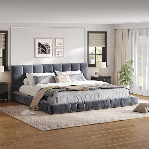 Upholstered Velvet Platform Bed Frame with Channel Tufted Headboard, Modern Low Profile Bed with Sturdy Slat Support, No Box Spring Needed (Gray) - color: Grey
