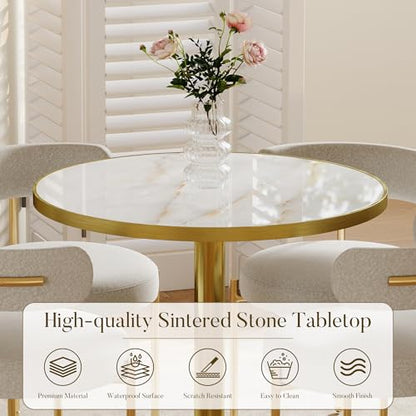 31.5" Circle Tulip Table with Sintered Stone Tabletop, Gold Edge & Pedestal | Modern Round Dining Table, Leisure Bistro Table for Kitchen, Small Places, Living Room, Cafe, Restaurant (Crystal Onyx) - color: Crystal Onyx (Golden Edge), size: Round