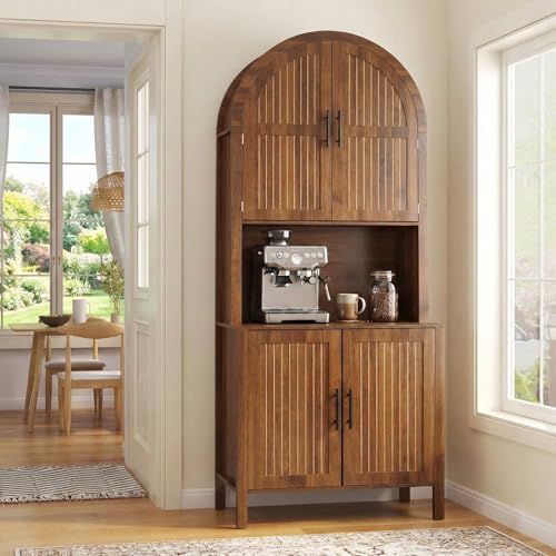 76" Tall Arched Kitchen Pantry, Large Kitchen Storage Cabinet with Fluted Doors and Microwave Stand, Modern Wood Buffet Sideboard, Adjustable Shelves, Cupboard for Dining Room, Living Room, Walnut - color: Walnut