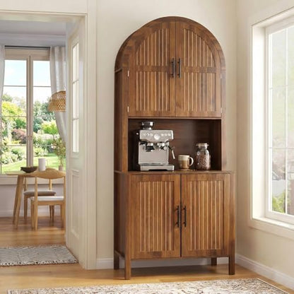 76" Tall Arched Kitchen Pantry, Large Kitchen Storage Cabinet with Fluted Doors and Microwave Stand, Modern Wood Buffet Sideboard, Adjustable Shelves, Cupboard for Dining Room, Living Room, Walnut - color: Walnut