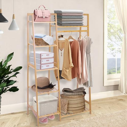 Ufine Bamboo Garment Rack with 7-Tier Storage Shelves & Hanging Rod | Portable Clothes Hanging Rack Minimalism Wardrobe Closet Organizer for Living Room - size: 7 Tier