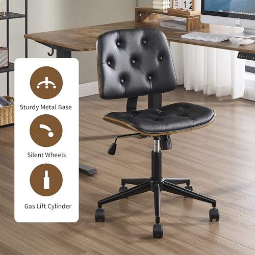 VipDesk Small Home Office Chair - Armless Mid Back Desk Chair with 360° Swivel and Wheels, PU Upholstered Height Adjustable Modern Walnut Computer Chair for Home, Office Meeting Room - Black - color: Black, size: Button Style