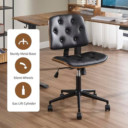 VipDesk Small Home Office Chair - Armless Mid Back Desk Chair with 360° Swivel and Wheels, PU Upholstered Height Adjustable Modern Walnut Computer Chair for Home, Office Meeting Room - Black - color: Black, size: Button Style
