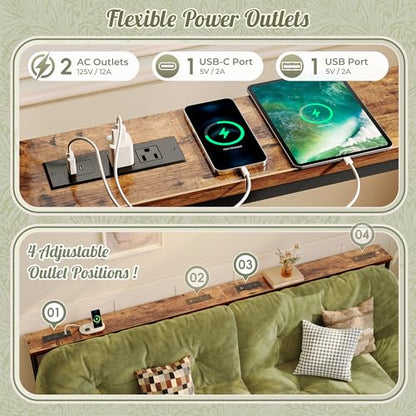 Huuger 102.4 Inch Sofa Table with Power Outlets, 23.9’’-34.4’’ Height Adjustable Range, Behind Couch Table with USB-C Ports, Sofa Tables Narrow Long, Skinny Console Table, Small Spaces, Rustic Brown - color: Rustic Brown, size: 102.4''W x 23.9''-34.4''H