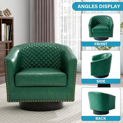 Faux Leather Swivel Accent Chair, Modern Barrel Club Armchair, Green | Comfy Living Room Chair, Modern Nailhead Trim Round Armchair Bedroom Reading Seat with Removable Cushion, Wood Frame - color: Retro Green