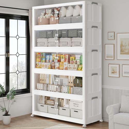 75Gal/300QT 5-Tiers Extra Large Stackable Storage Bins with Lid, Collapsible Cabinet Closet Organizer Plastic Container Box with Wheels Doors Drawers for Office Dorm Kitchen, White - color: White, size: 15Gal-5Pack