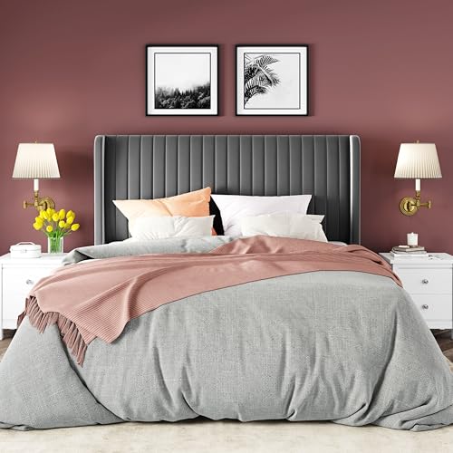 Allewie Queen Size Velvet Bed Frame/Vertical Channel Tufted Wingback Headboard/Upholstered Platform Bed/Strong Wooden Slats/No Box Spring Needed/Easy Assembly/Grey - color: Grey, size: Queen