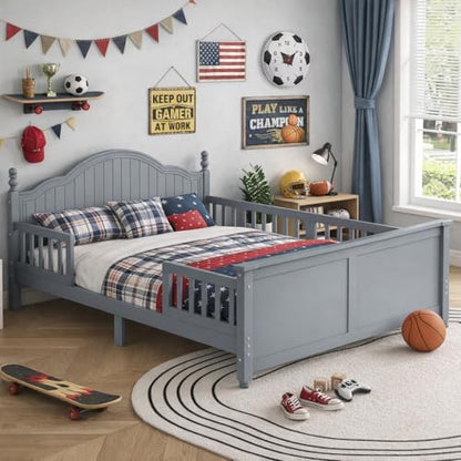 Full Size Kids Bed Frame with Removable Guardrails, Low Profile, Gray | 3 guardrail setups: all installed, front removed or all removed; 8 slats; 6-inch mattress sold separately; no box spring - color: Grey, size: Full