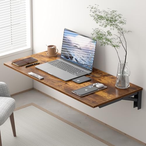 Need 36x20IN Wall Mounted Folding Table for Office Laundry Retro | Black Frame Fold Down Wall Mount Desk Folding Wall Table for Small Apartment, Garage&Ironing Station - color: Rustic Brown Desktop & Black Shelf Brackets, size: L36" * W20"