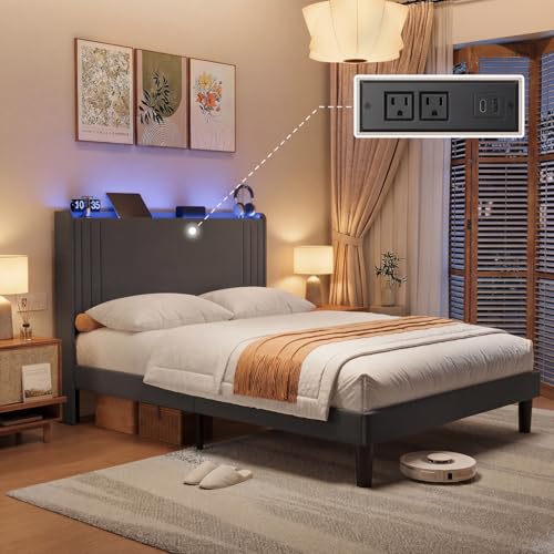 Gizoon Queen Bed Frame with Charging Station and LED Lights | Upholstered Wingback Platform Bed with Padded Headboard,Wooden Slats,Noise-Free,No Box Spring Needed, Easy Assembly,Dark Grey - color: Dark Grey+led, size: Queen